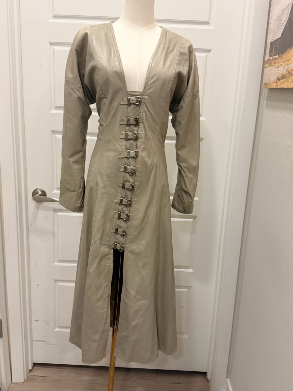 🔥Rare Find! Long Lambskin Leather Coat Dress with Front Buckle Closure